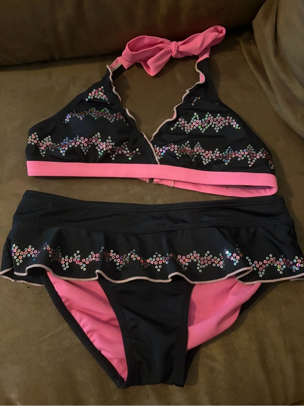 Justice Black and Pink Sequin Girls Bikini Set